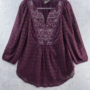 One September Top Womens Large Beaded Sequin Boho Tunic in Maroon